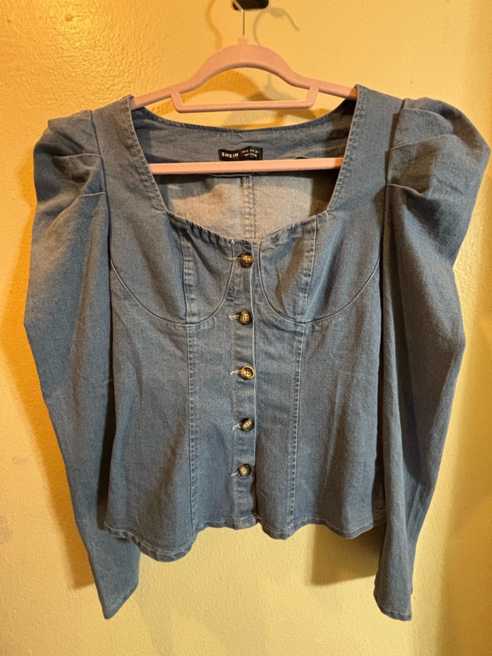 SHEIN Light Blue Denim Button-Front Puff Sleeve Top - Picture 6 of 10